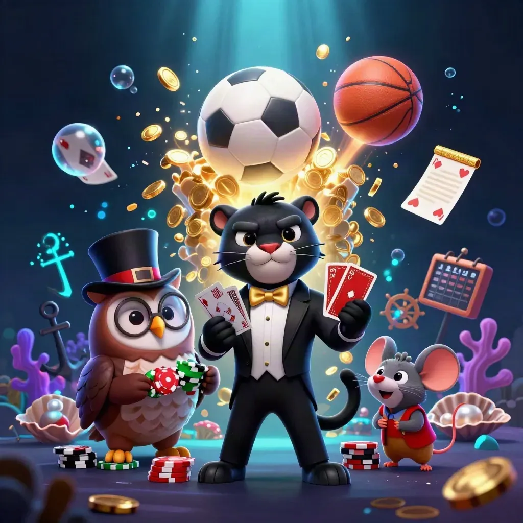 Panther, owl, and mouse amid treasure cove cards, coins, and flying soccer and basketballs.
