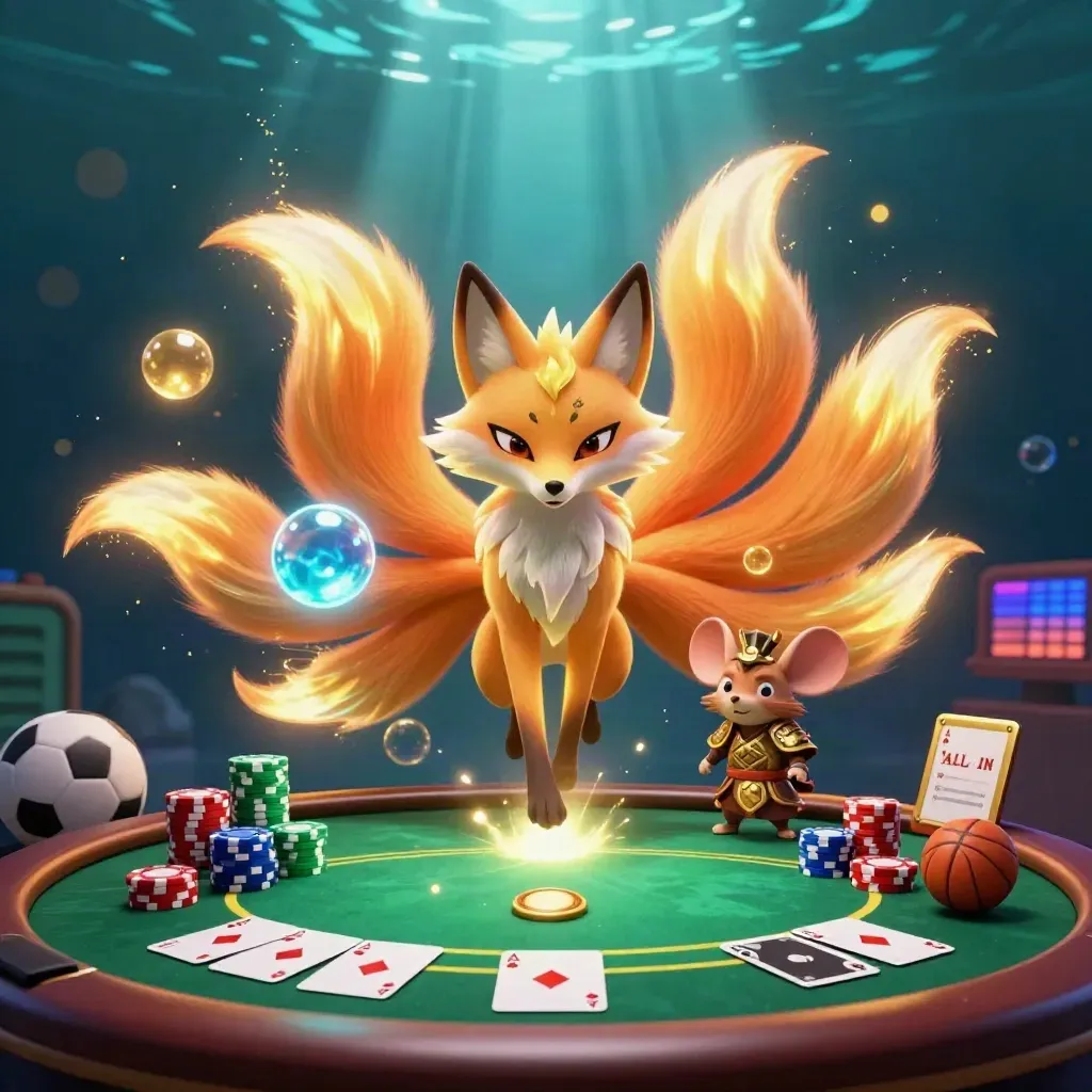 Nine-tailed fox spirit and samurai mouse amid chips, cards, balls, and treasure glow.