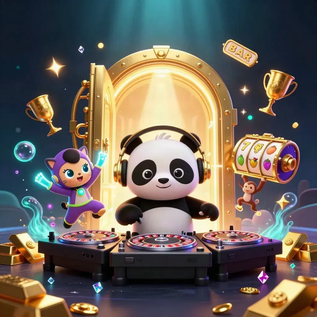 DJ panda, monkey, and rave kitten explode from a glowing treasure vault amid gold, gems, and slot symbols.