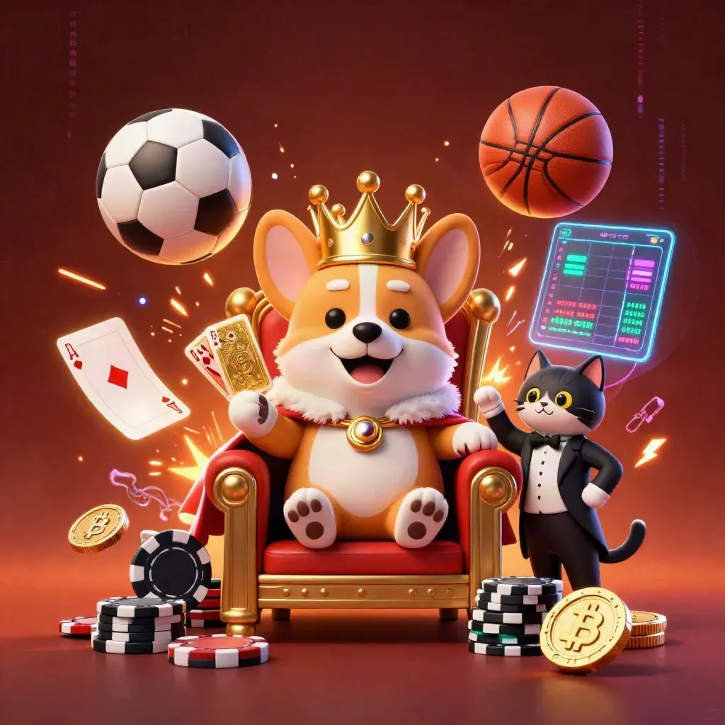 Royal corgi and cat butler amid flying sports balls, chips, coins, and electric casino glow.