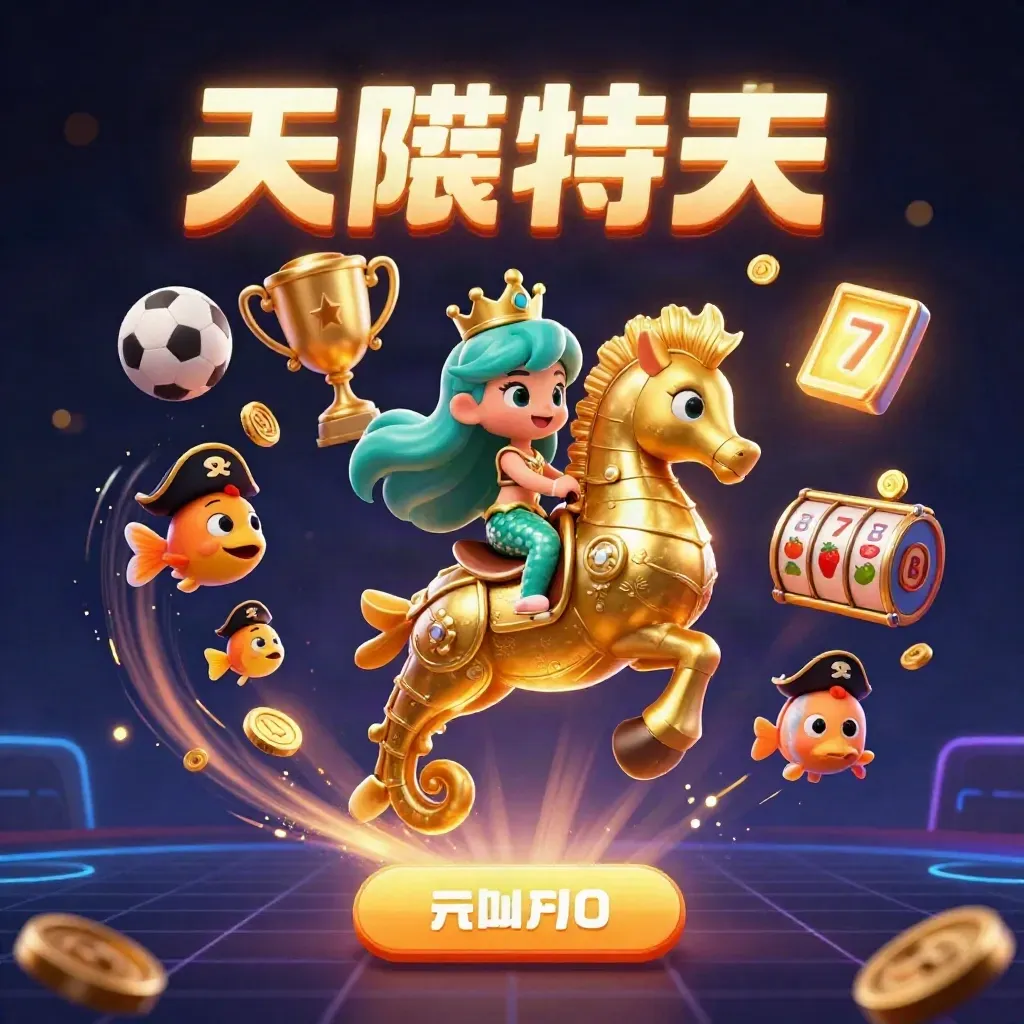 Mermaid princess rides a golden seahorse with pirate fish amid casino treasure lights