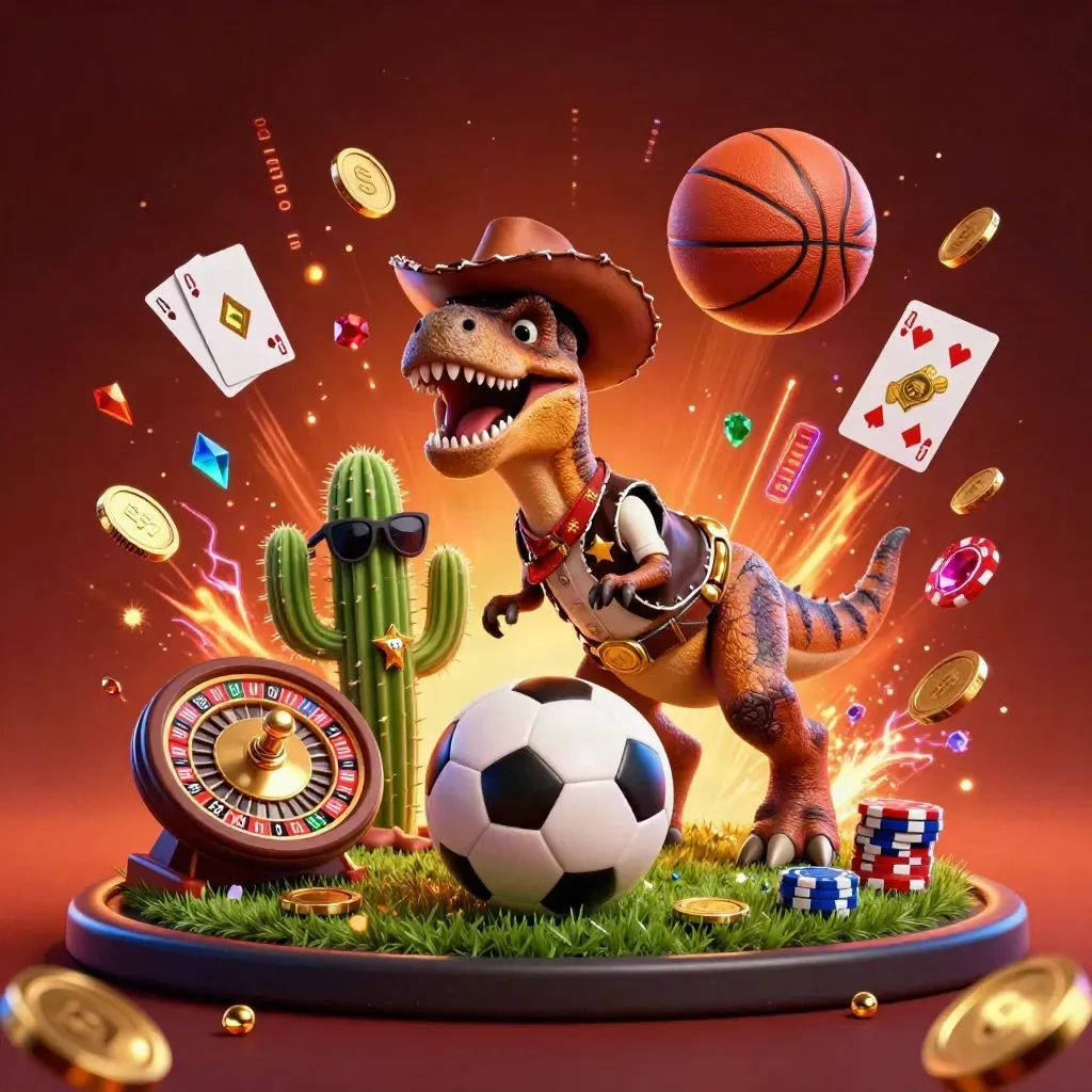 Cowboy T-Rex, cactus, and roadrunner amid flying coins, roulette, and sports gear.