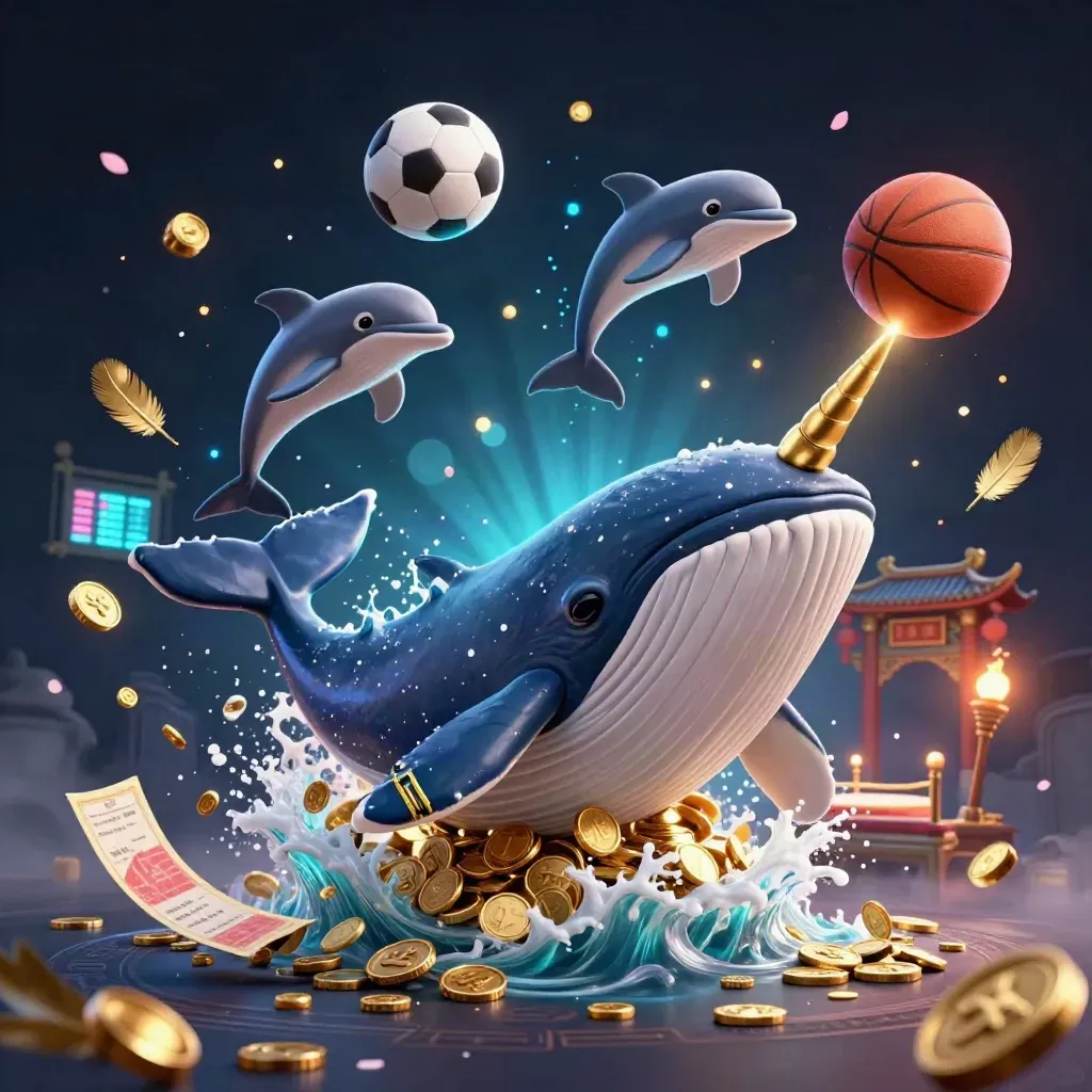 Cartoon whale, narwhal, and dolphins amid coins, sports balls, and glowing casino treasure.