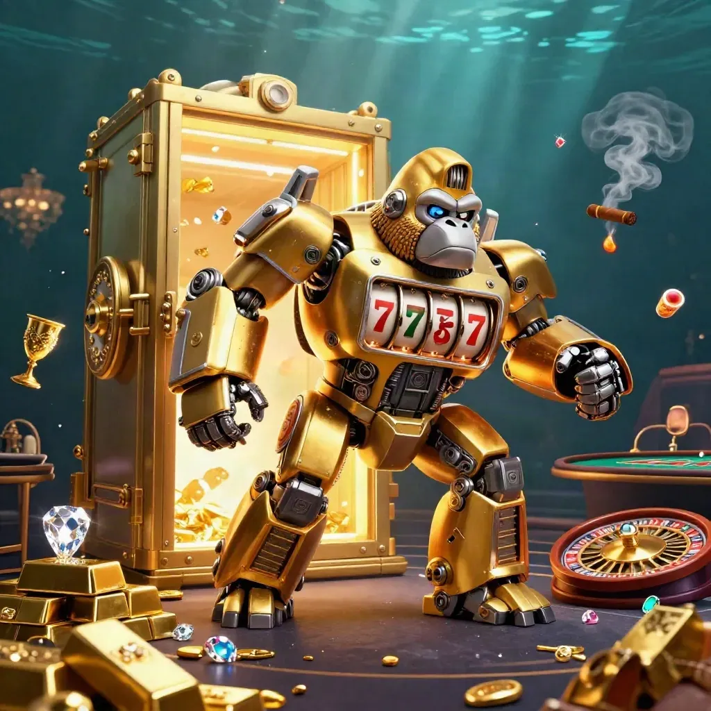 Golden gorilla mech with tiny monkey pilot, vault blast, gold, gems, roulette, luxe casino lighting