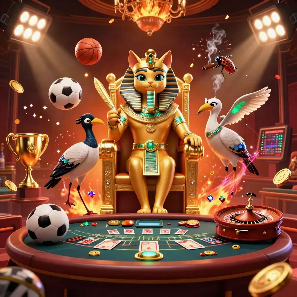 Pharaoh cat, ibis scribe, and gem scarabs amid casino lights, balls, coins, and fireworks.