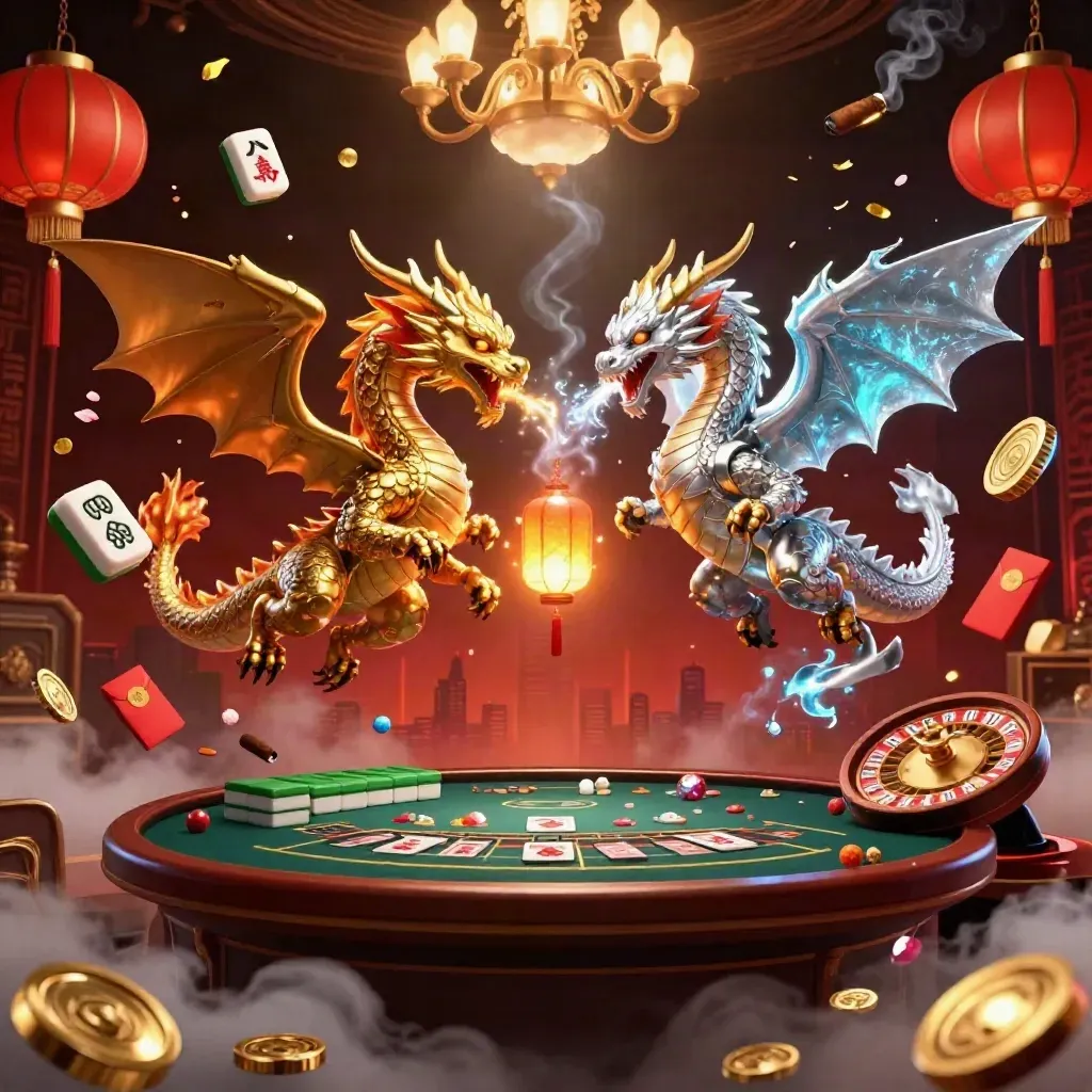 Twin gold and silver dragons swirl with lantern spirit amid jade coins and casino glow.