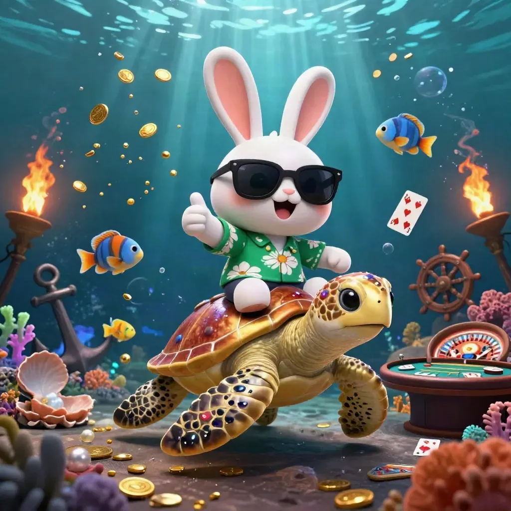 Lucky rabbit on a gem turtle in a treasure cove, with casino lights and floating cards.