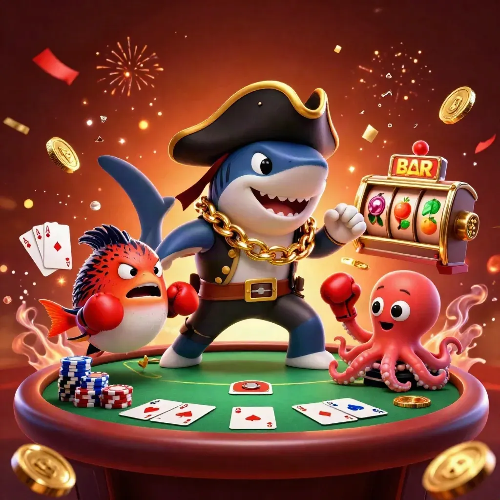 Pirate shark, boxing pufferfish, and juggling octopus amid treasure, chips, and glowing casino chaos.