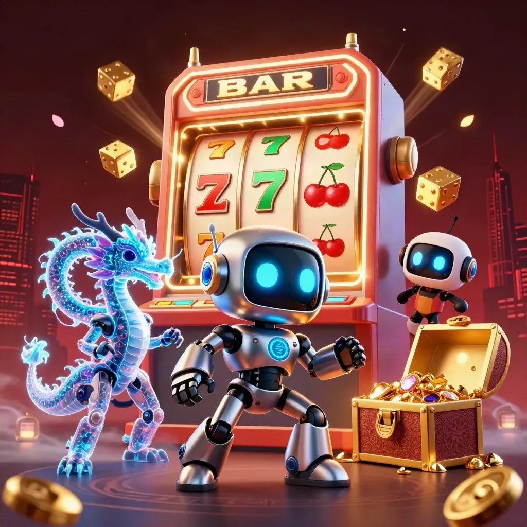 Cyberpunk robot, hologram dragon and coin drone erupting from a jackpot slot machine