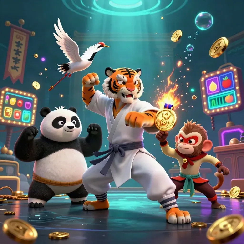 Kung-fu tiger, panda, and monkey in an underwater casino temple with glowing slot icons.