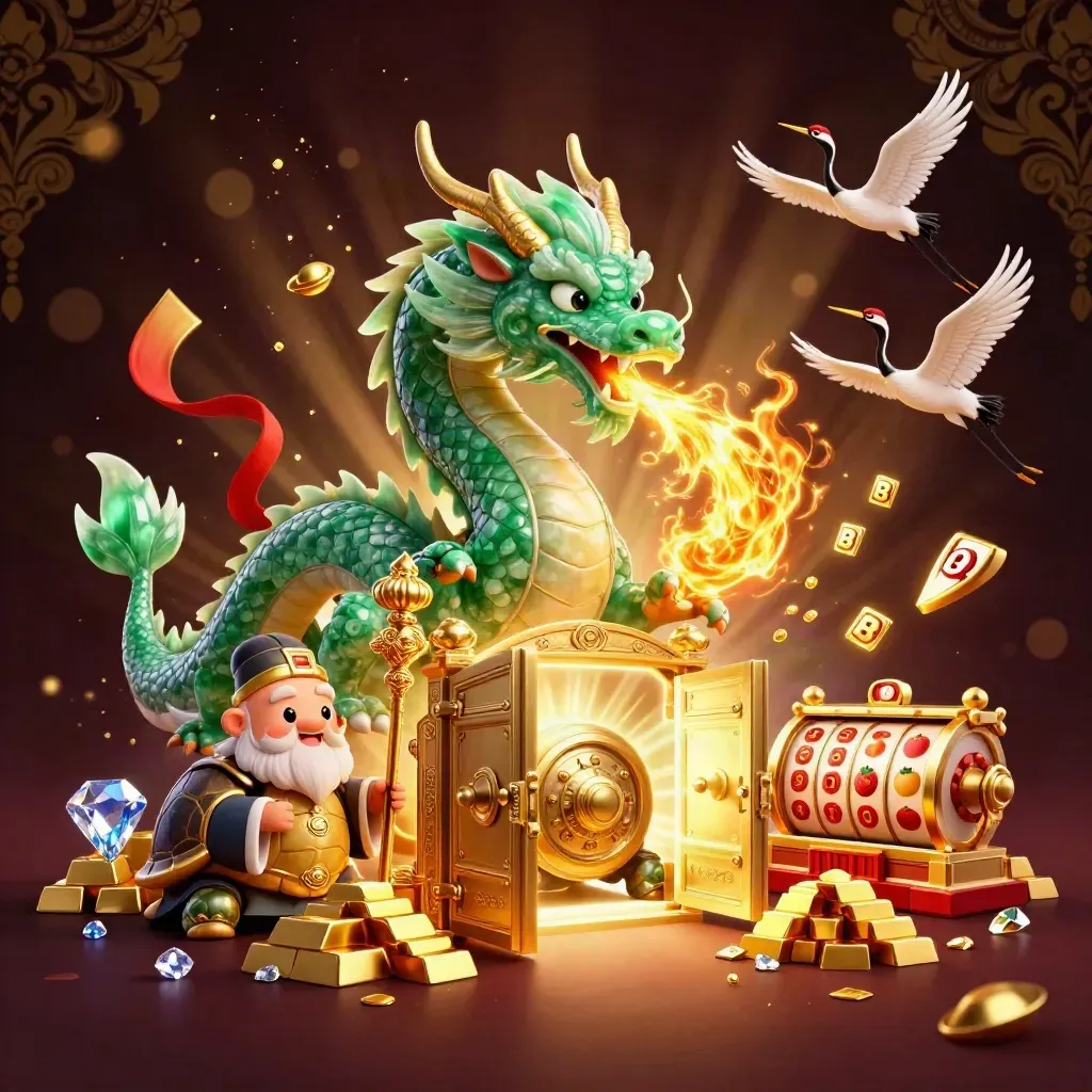 Emerald dragon, turtle sage, and cranes burst through gold treasure in a dark casino glow.