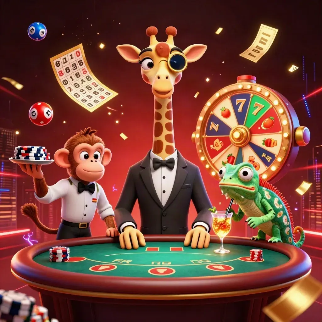 Giraffe, monkey valet, and chameleon bartender amid casino treasures and neon bursts
