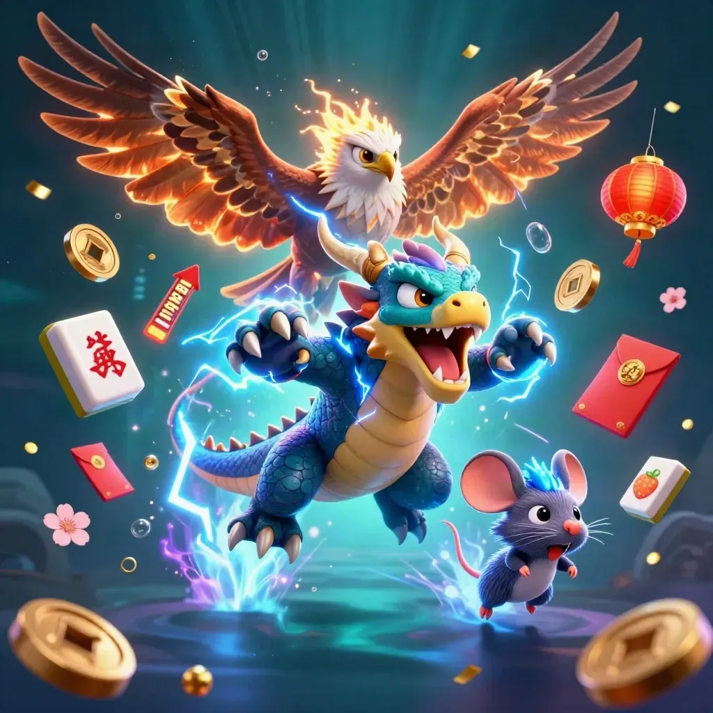 Thunder dragon, wind hawk, and static mouse amid treasure bursts underwater with glowing casino effects.