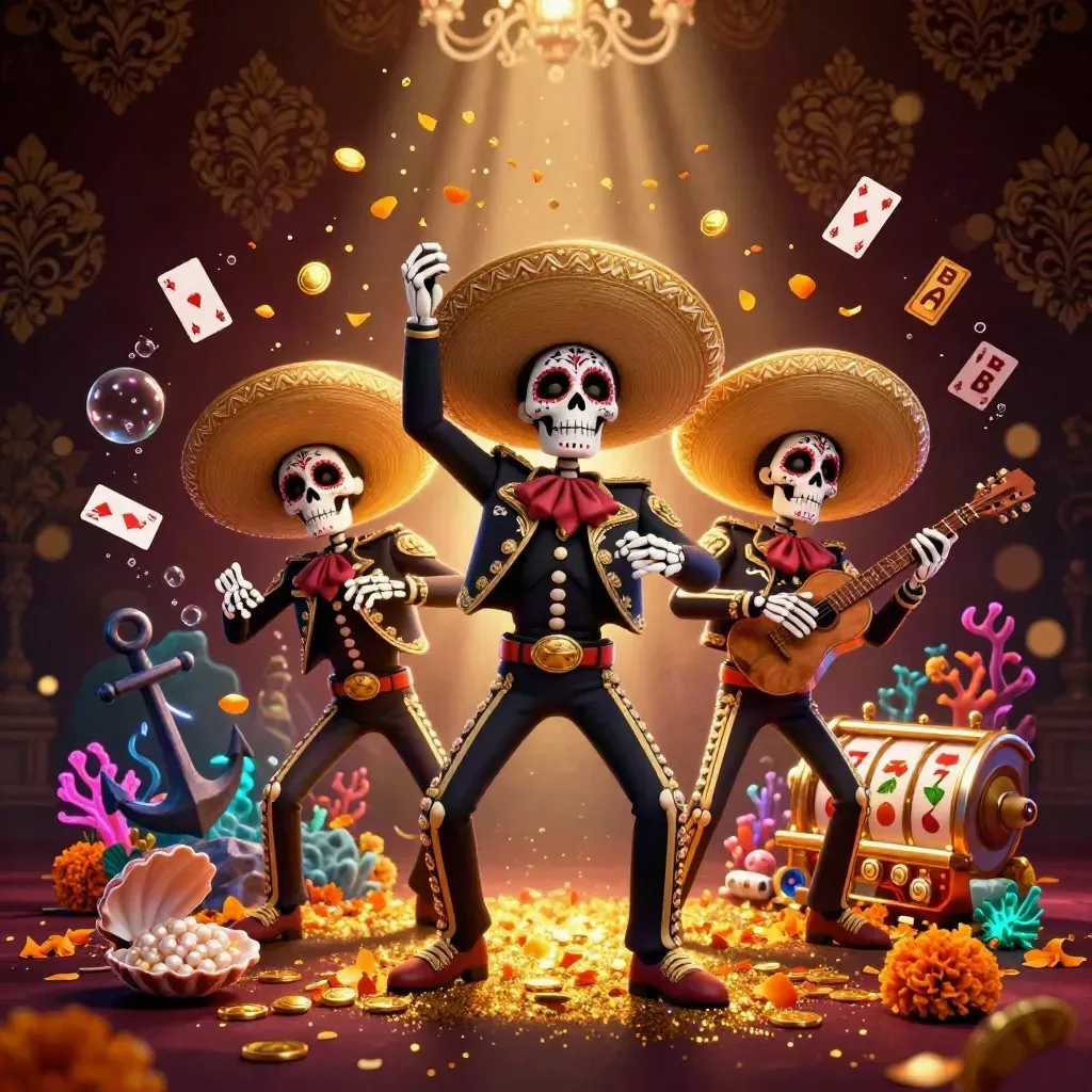 Skeleton mariachi trio amid coin blast, coral, cards, and treasure glow in a luxe casino scene.
