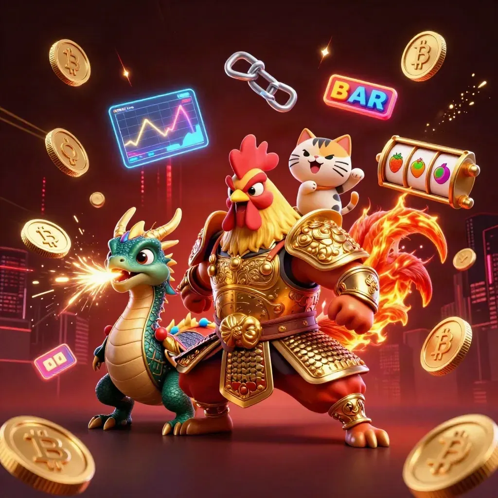 Rooster warrior, dragon hatchling, and fortune cat amid treasure explosions and casino energy.