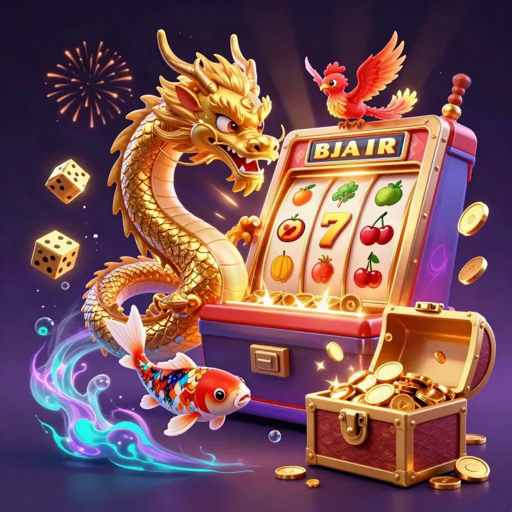Golden dragon, phoenix, koi and slot machine burst from a treasure chest in neon casino glow.