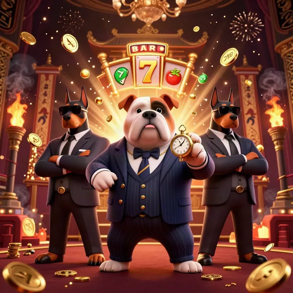 Cartoon bulldog mob boss with two Dobermans amid treasure burst, slot reels, coins, and fireworks.