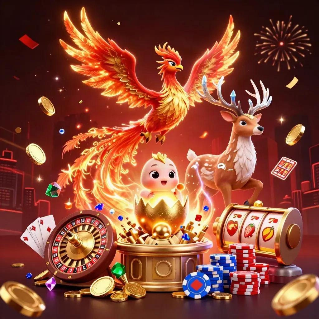 Phoenix, stag, and baby phoenix amid coins, gems, fireworks, and casino reels.