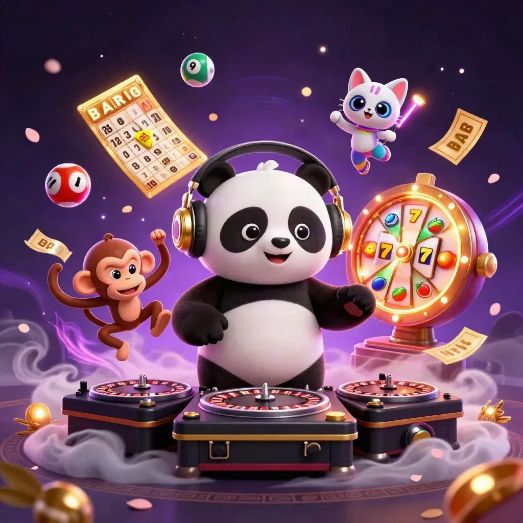 DJ panda, breakdancing monkey, and rave kitten amid jackpot reels, balls, and treasure glows.