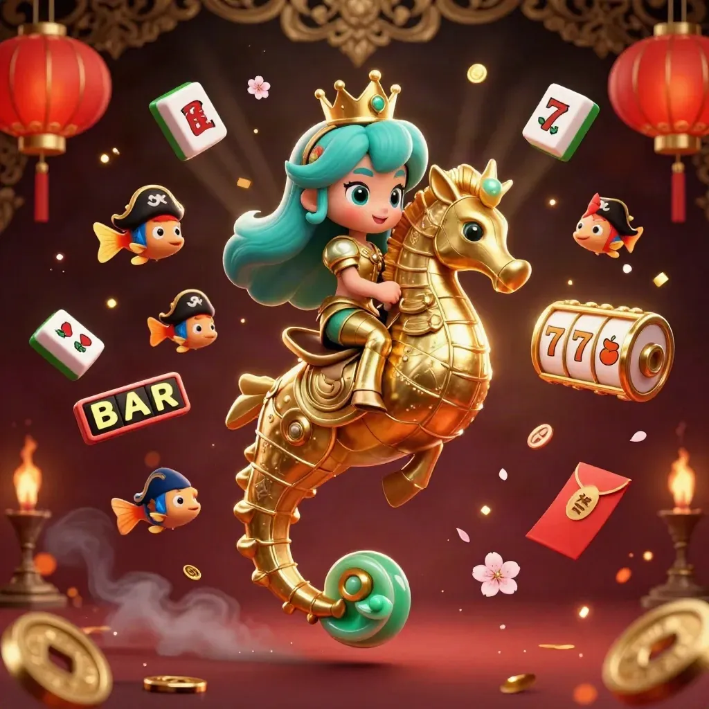 Mermaid on armored seahorse amid treasure casino icons, lanterns, coins, and fireworks