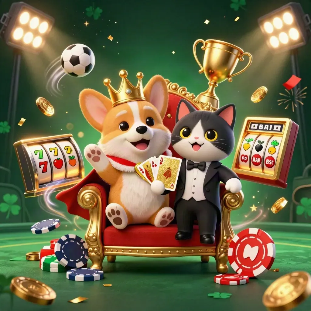 Royal corgi on chip throne with cat butler, jackpot reels, coins, and casino lights