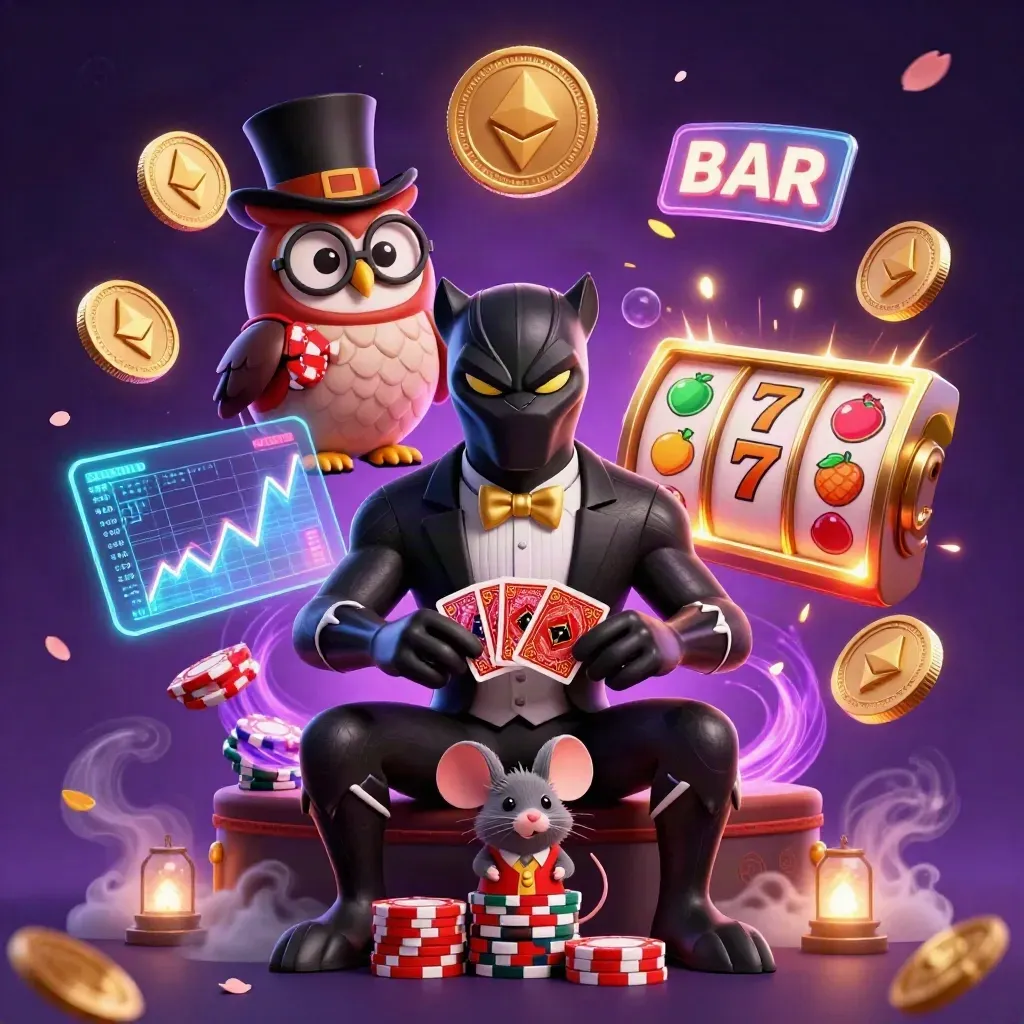 Panther, owl, and mouse casino heroes amid glowing coins, slots, chips, and treasure magic