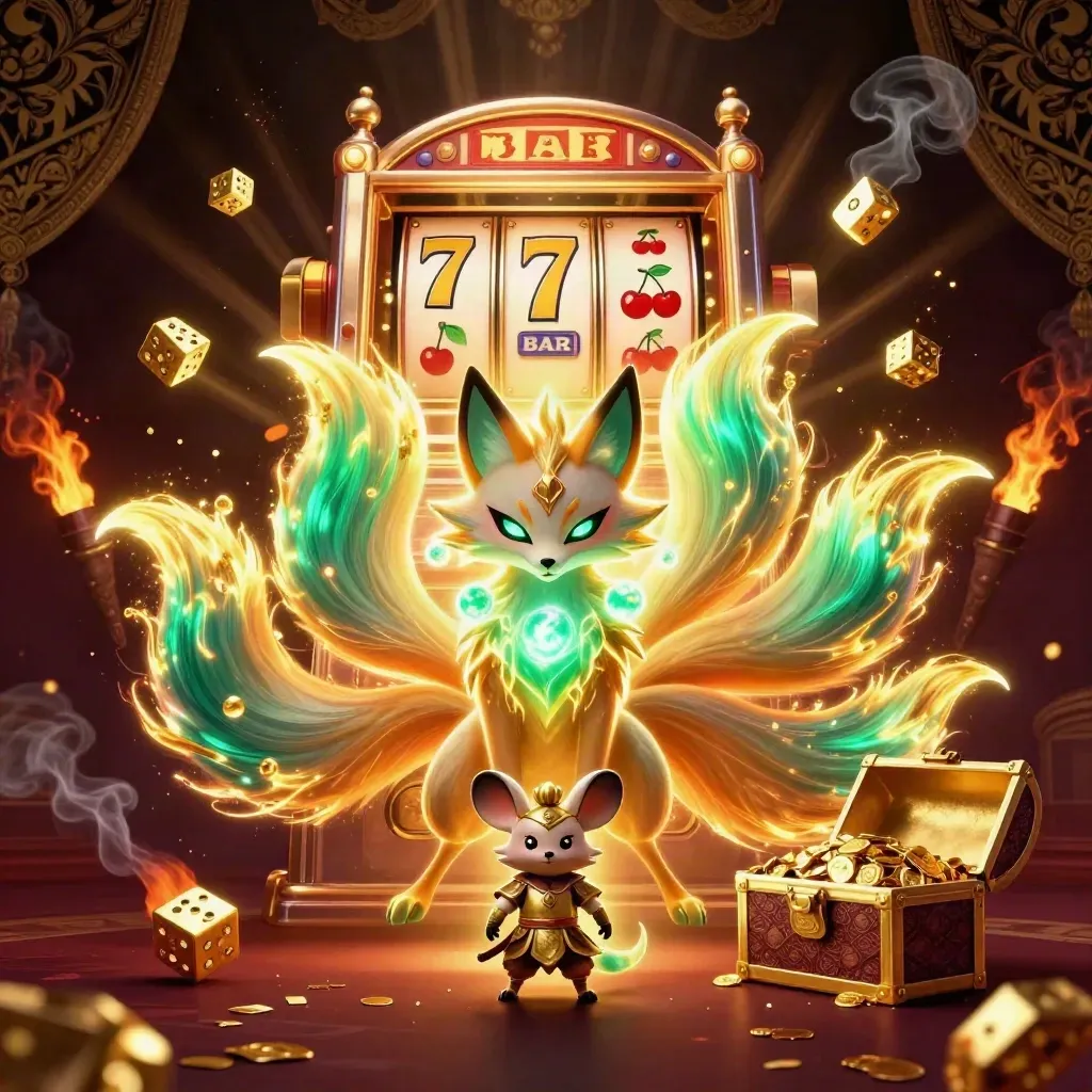 Nine-tailed fox spirit and gold-armoured mouse amid jackpot slot burst, treasure chest, and glowing reels.