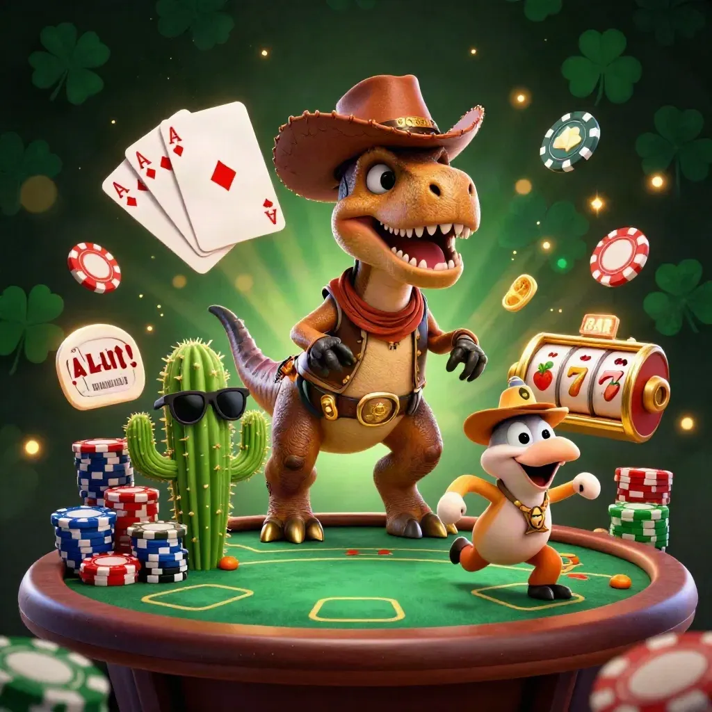 Treasure-casino scene with cowboy T-Rex, cactus, roadrunner, poker chips, slot reels, and glowing gold light